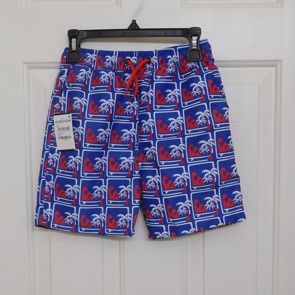NWT Tiny Tribe Blue Red White Palm Tree Surf Print Swim Shorts sz 6